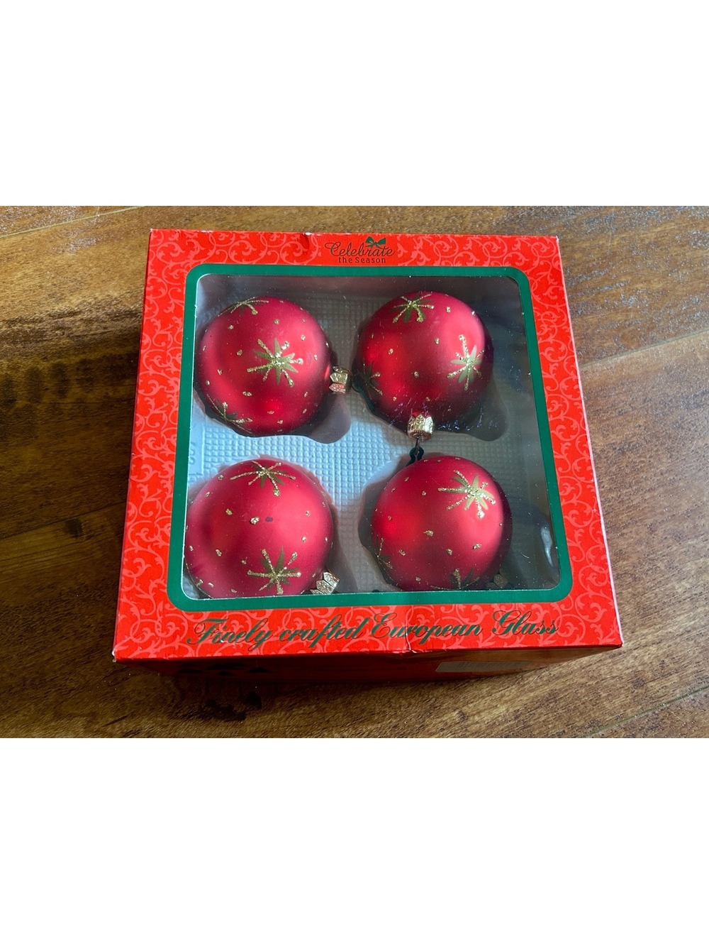 Vintage Red Glass Christmas Ornaments Set of 4 with Gold Starburst Design